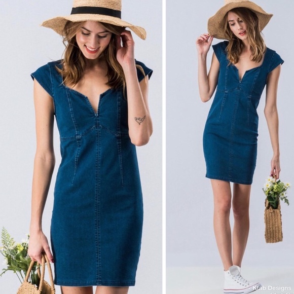 Denim v neck zip back mini dress size medium - Picture 3 of 10